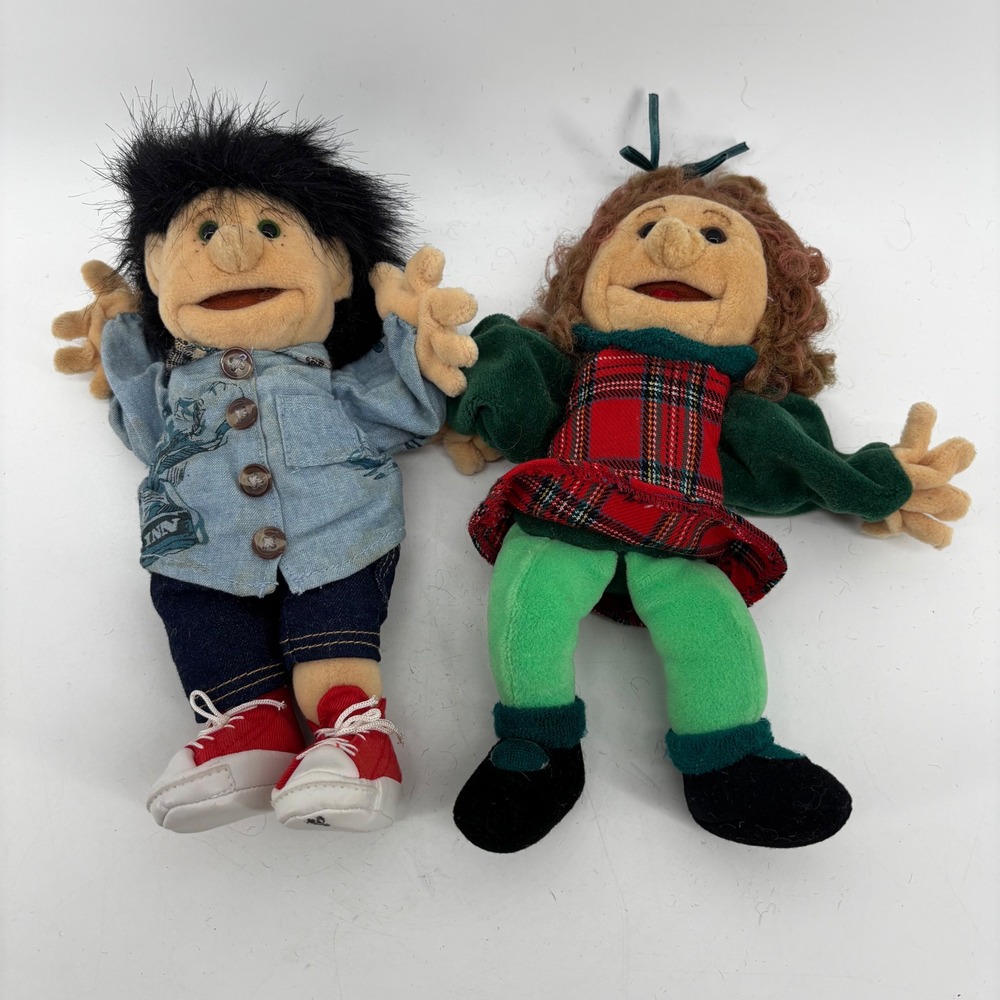 Vtg Folkmanis Boy and Girl Puppets Plush Set Plaid Dress Denim Shirt 9in